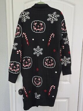 Black Holiday Cardigan with Candy Cane & Snowflake Motifs